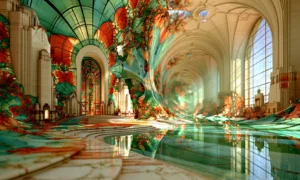 long cathedral of green glass landscape art