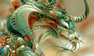 striped horn dragon ox landscape art