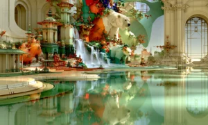 waterfall pagoda court landscape art