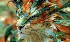 green faced cat in the leaves landscape art