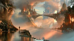 twin bridges across the haze landscape art