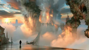 dusk shore and distant skyline landscape art