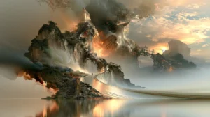 rock isle walker at sunset landscape art