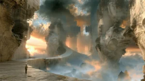 winding road pillar cloud landscape art