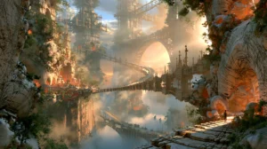 hanging bridge cliff valley landscape art