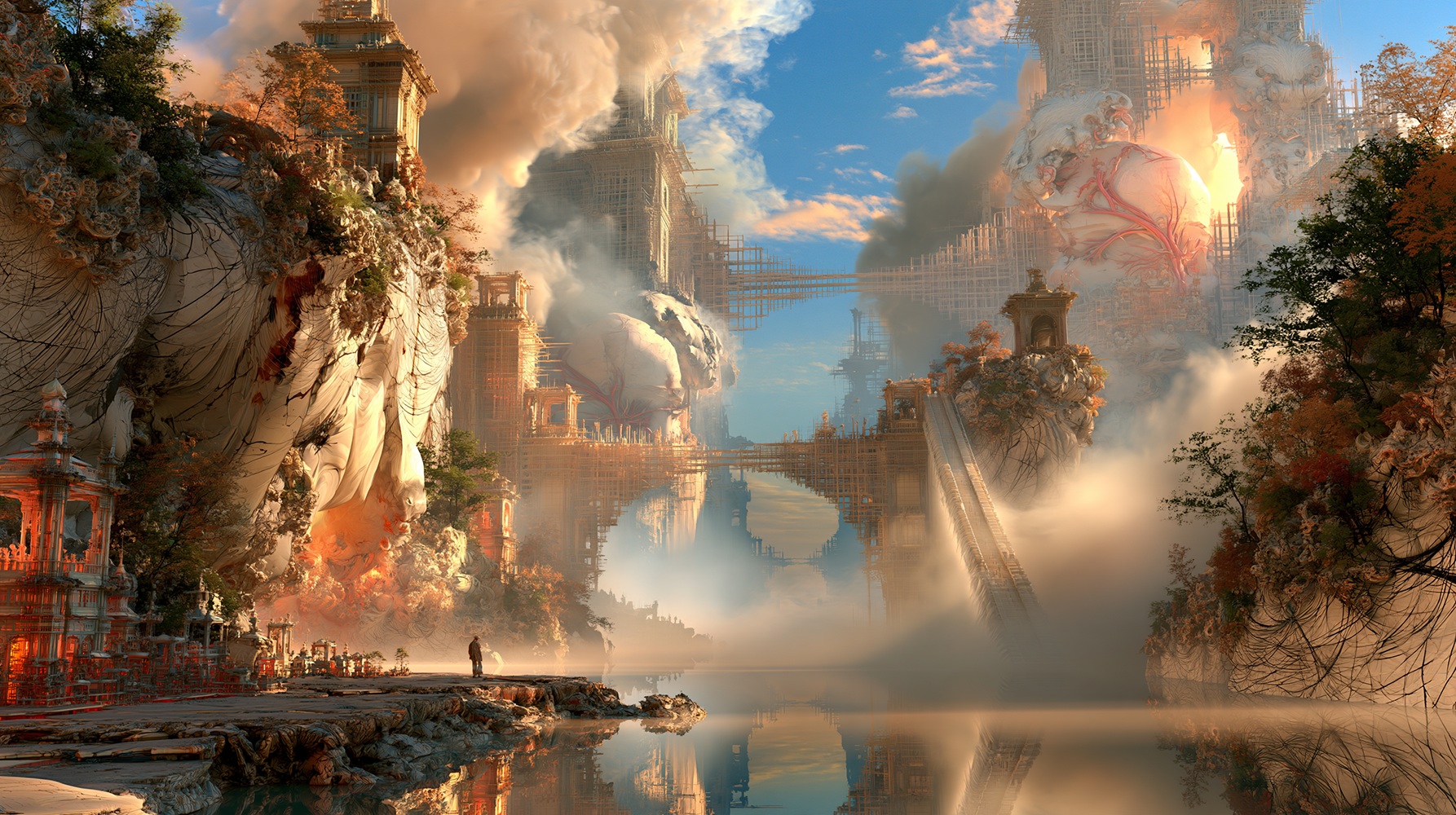 pagoda shore bridge landscape art