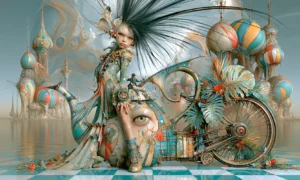 eye teapot bicycle girl landscape art