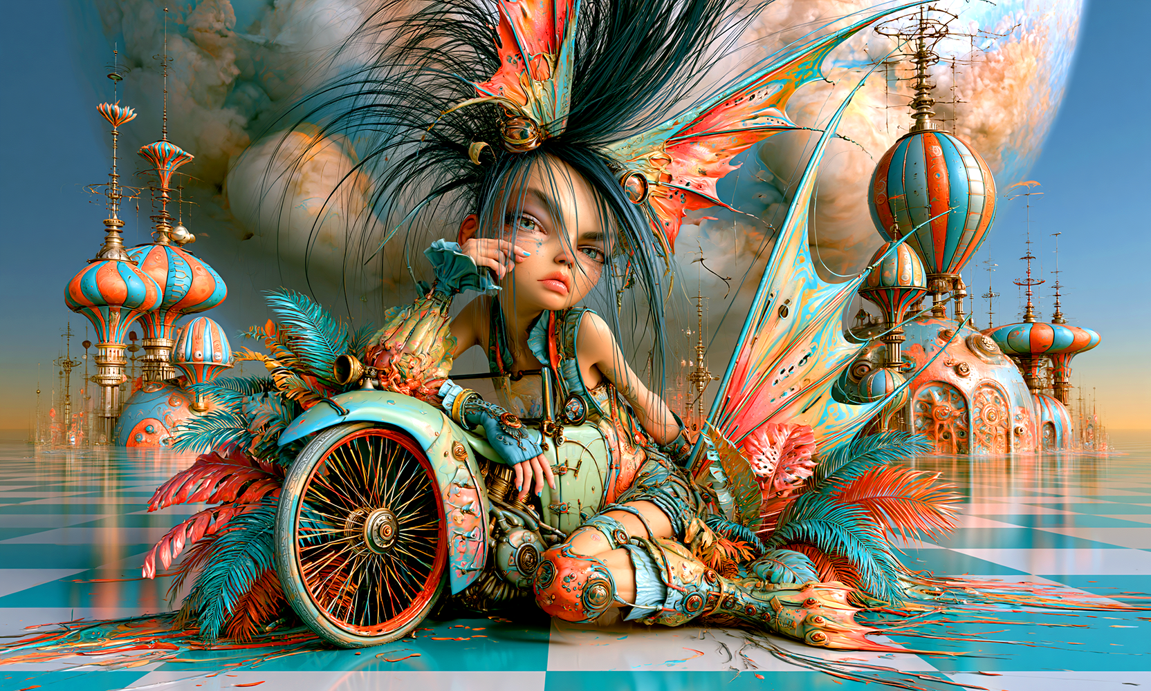 spoke wheel floor girl landscape art