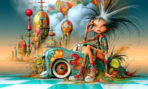 orange eye wheel girl landscape art