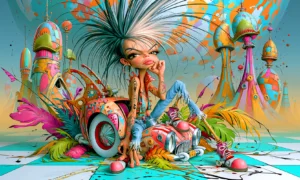 pink wheel jeans girl landscape art