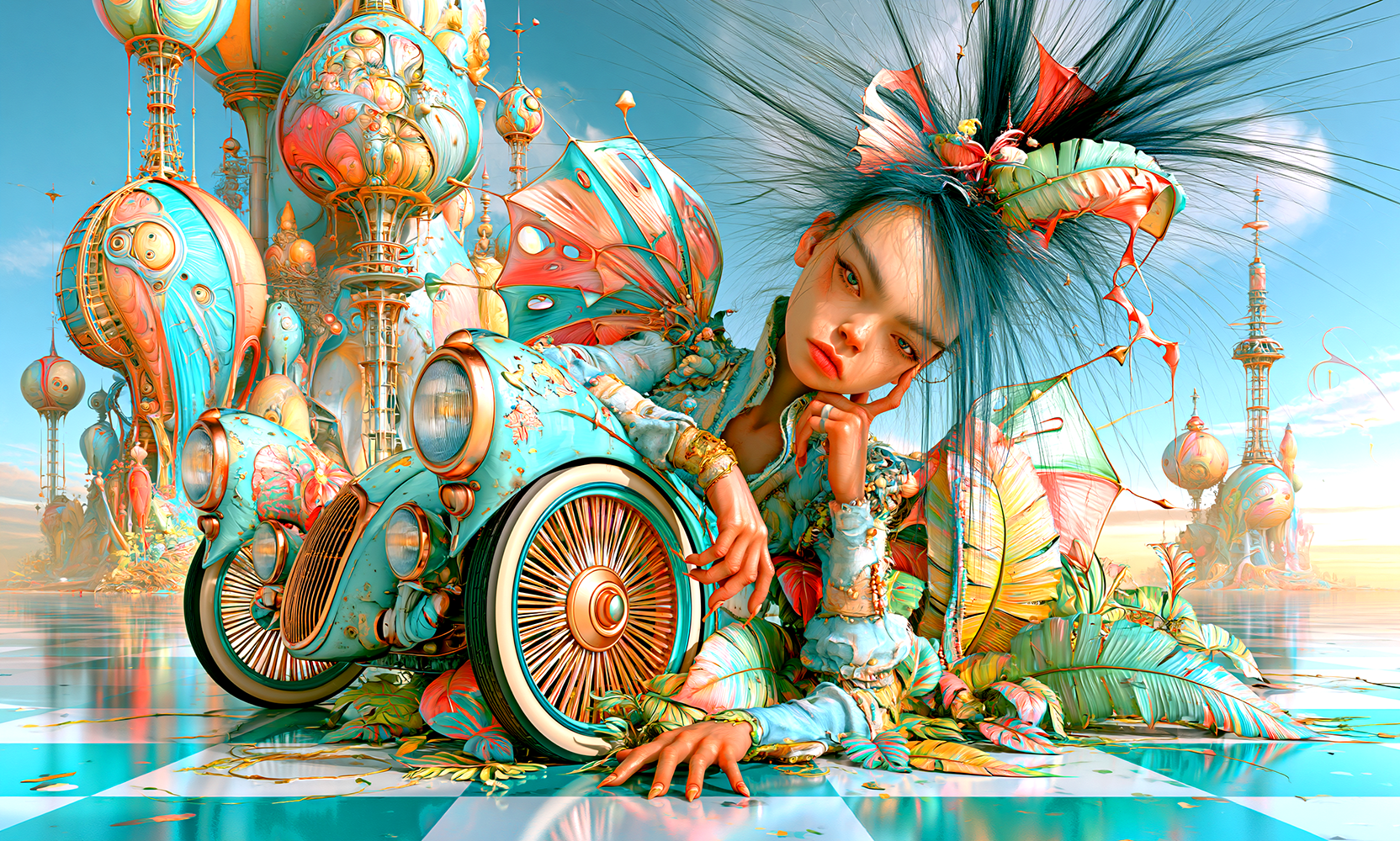 chin on hand spoke wheel girl landscape art