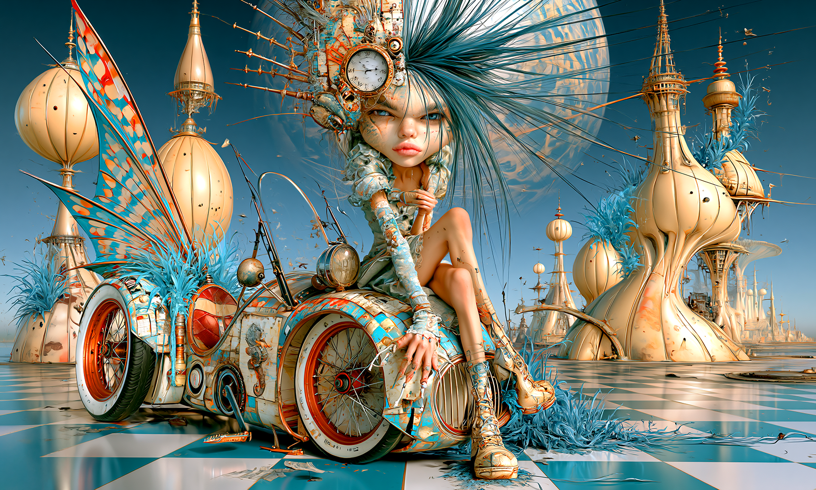 gold crest clock girl landscape art