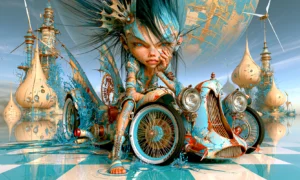 wire wheel antique headlamp girl landscape art