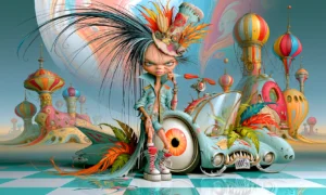 giant eye wheel car girl landscape art