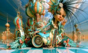 teal leaf gown garage girl landscape art