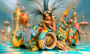 yellow bubble car girl landscape art