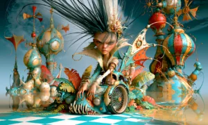studded hat crouch girl landscape art