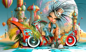 red fin flame car girl landscape art