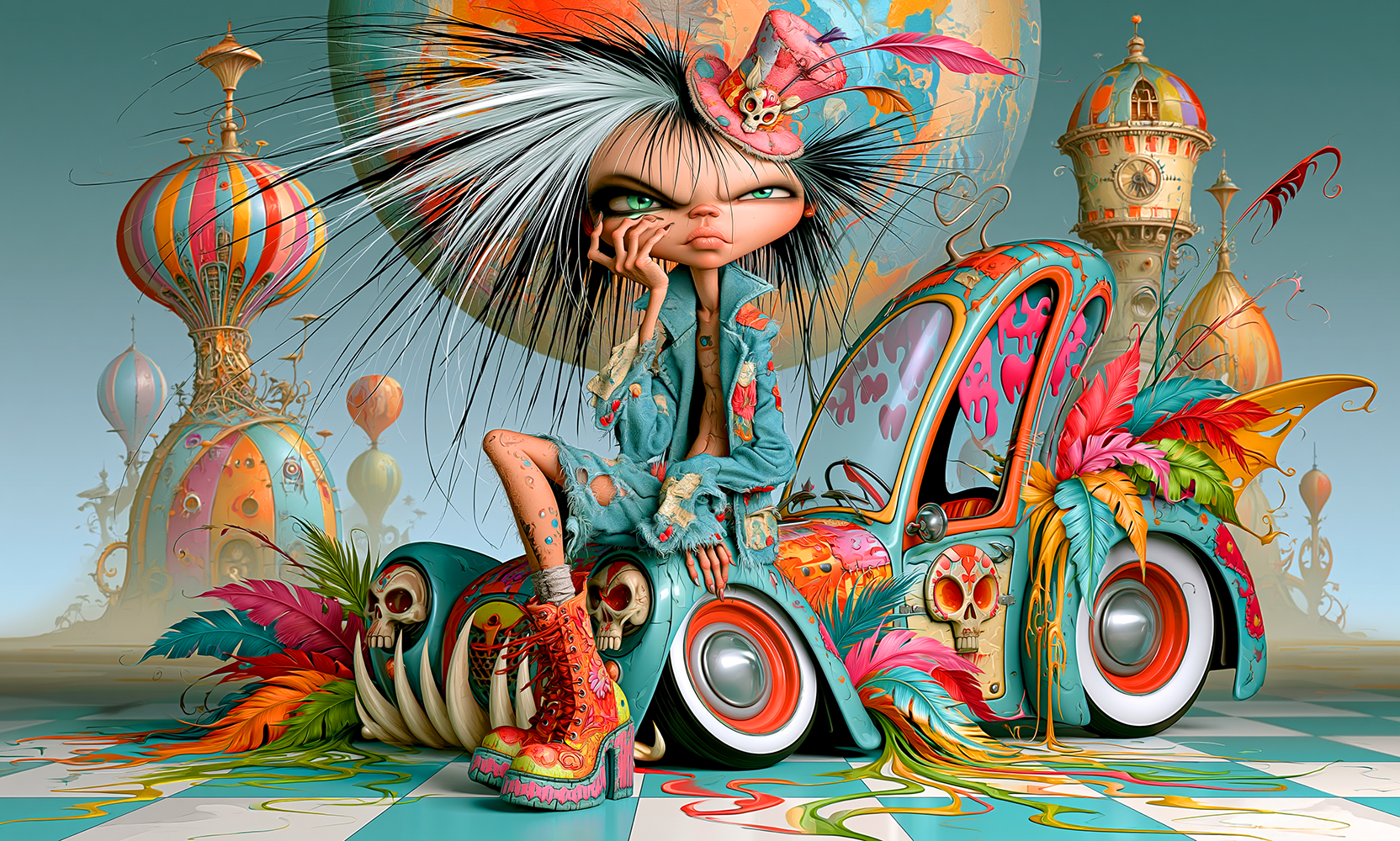 pink bow skull car girl landscape art