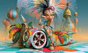 pink goggle slouch girl landscape art